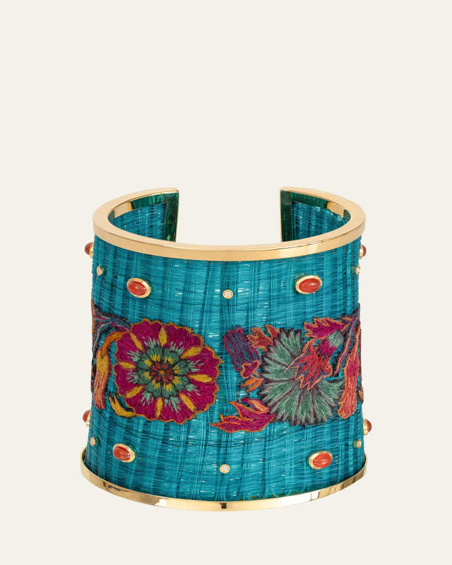 Embroidered Cuff Bracelet with Diamonds and Carnelian